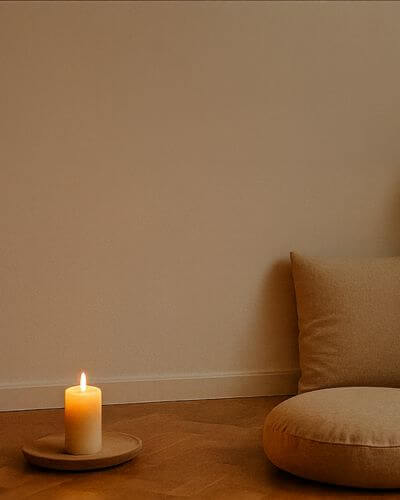 Kerze und Meditationskissen
