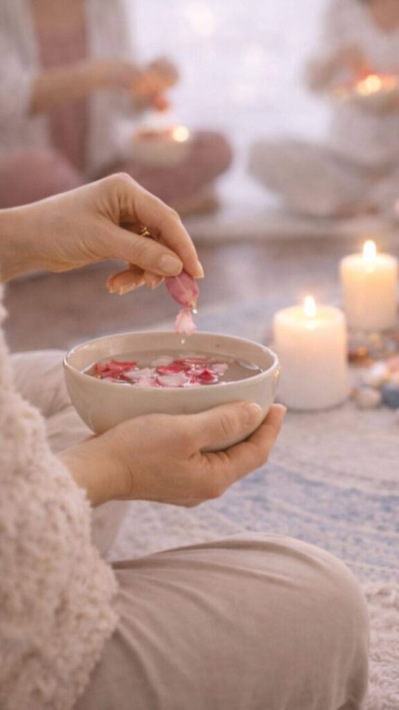 Ritual mit Schale und Blütenblätter