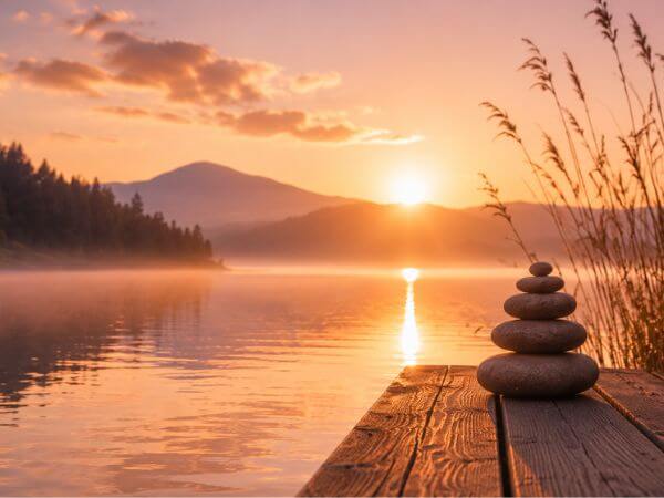 Blick auf einen See mit Sonnenuntergang - im Hintergrund sind Berge