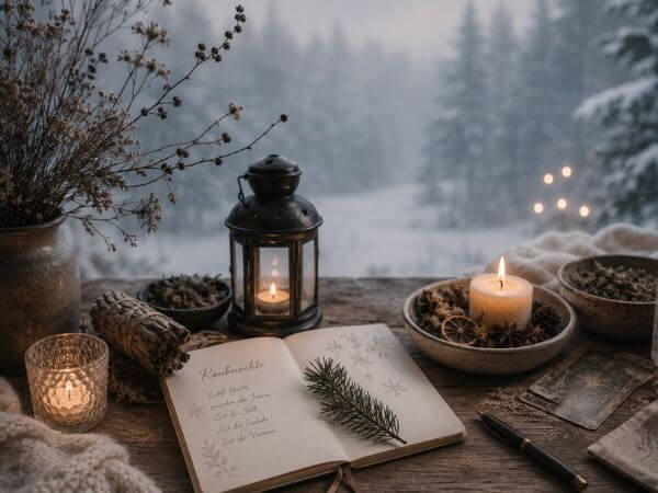Rituals der Rauhnächte im Winter mit Kerze, Notizbuch in gemütlicher Winternacht
