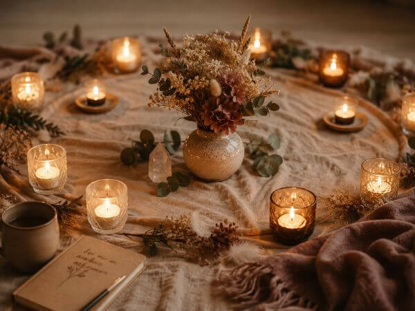 Gemütliche Ritualszene mit Kerzen und Blumen